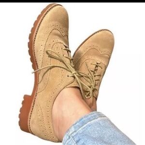 Tan Suede Wingtip Oxford Flats